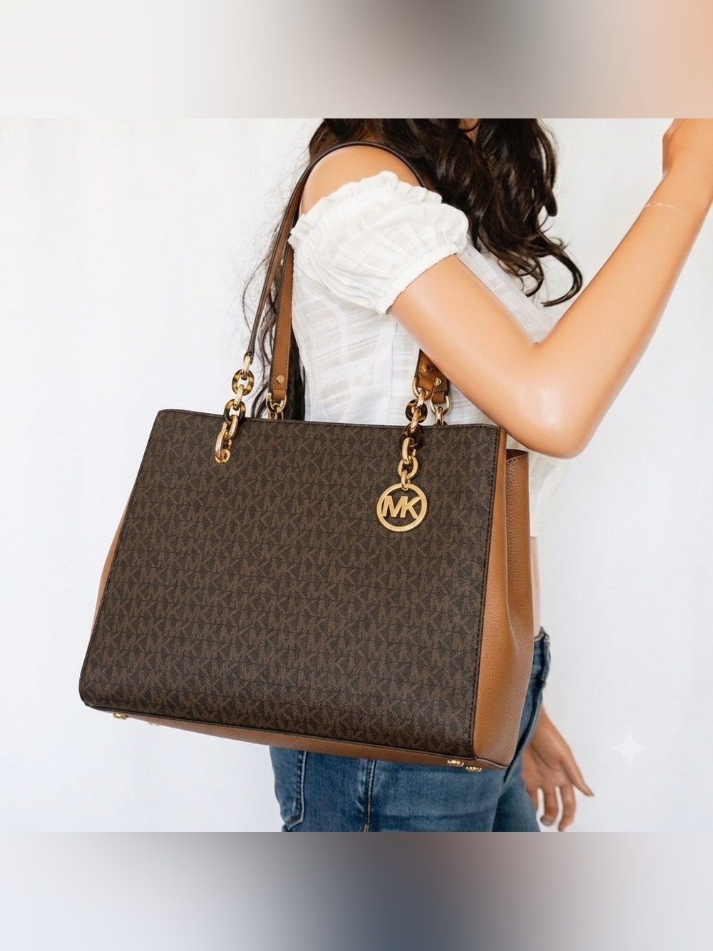 NWOT Michael Kors Sofia Brown MK Logo Tote with Gold and Tortoise Shell Accents